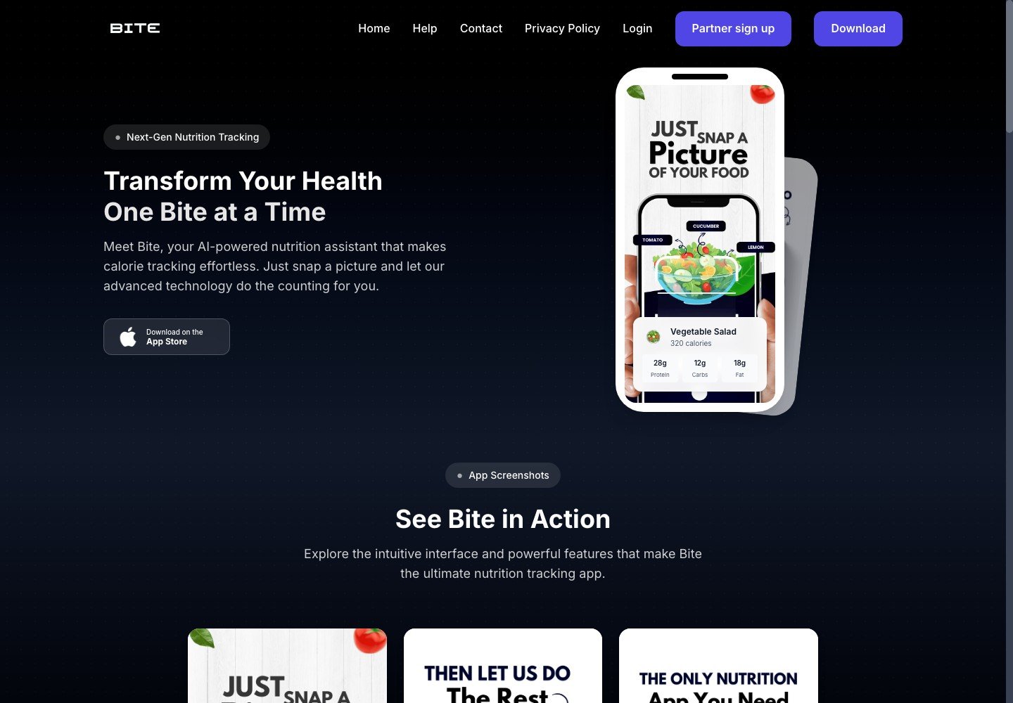 Bite nutrition app website with food scanning and mobile app previews