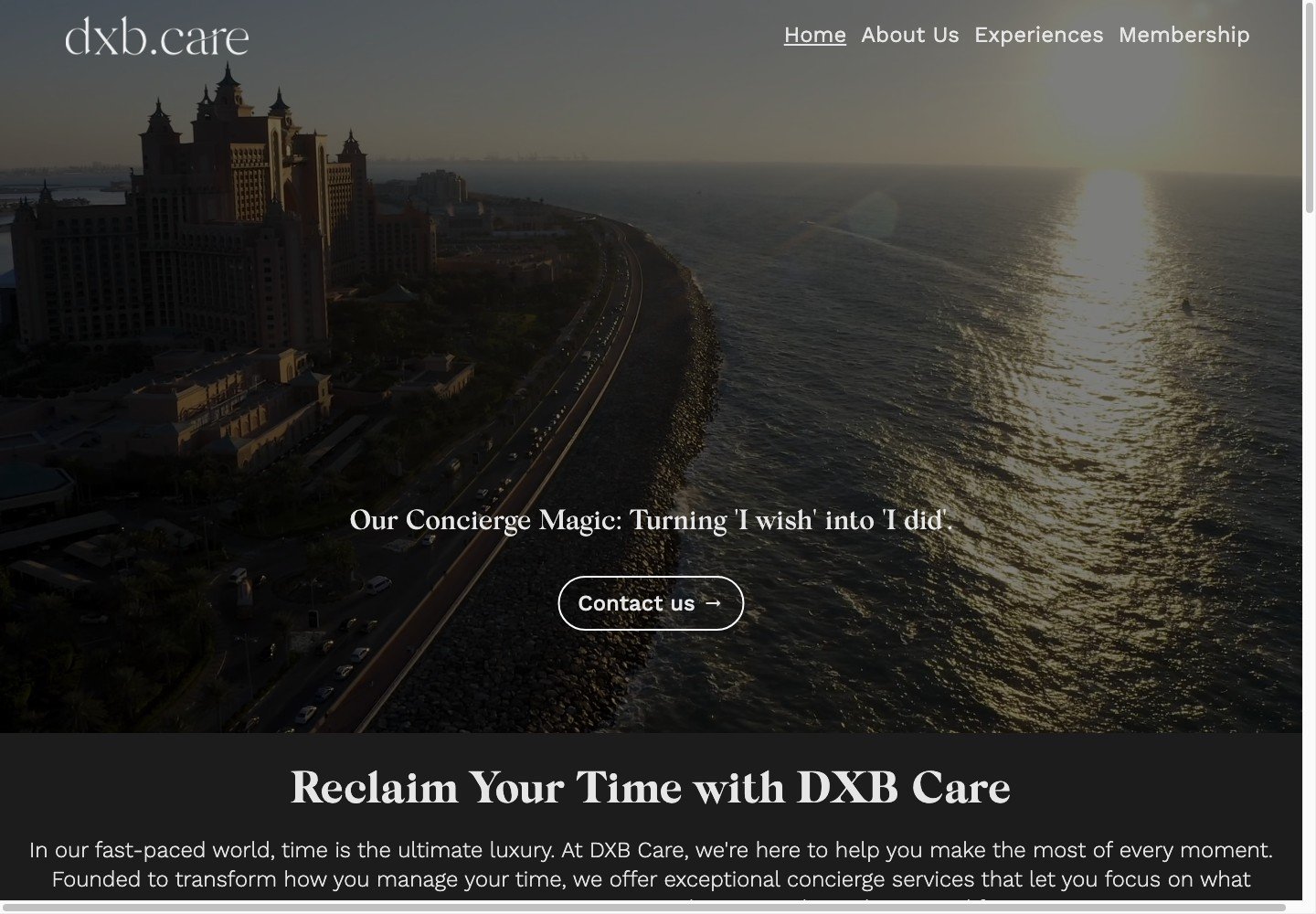 DXB Care concierge website with a Dubai waterfront video hero