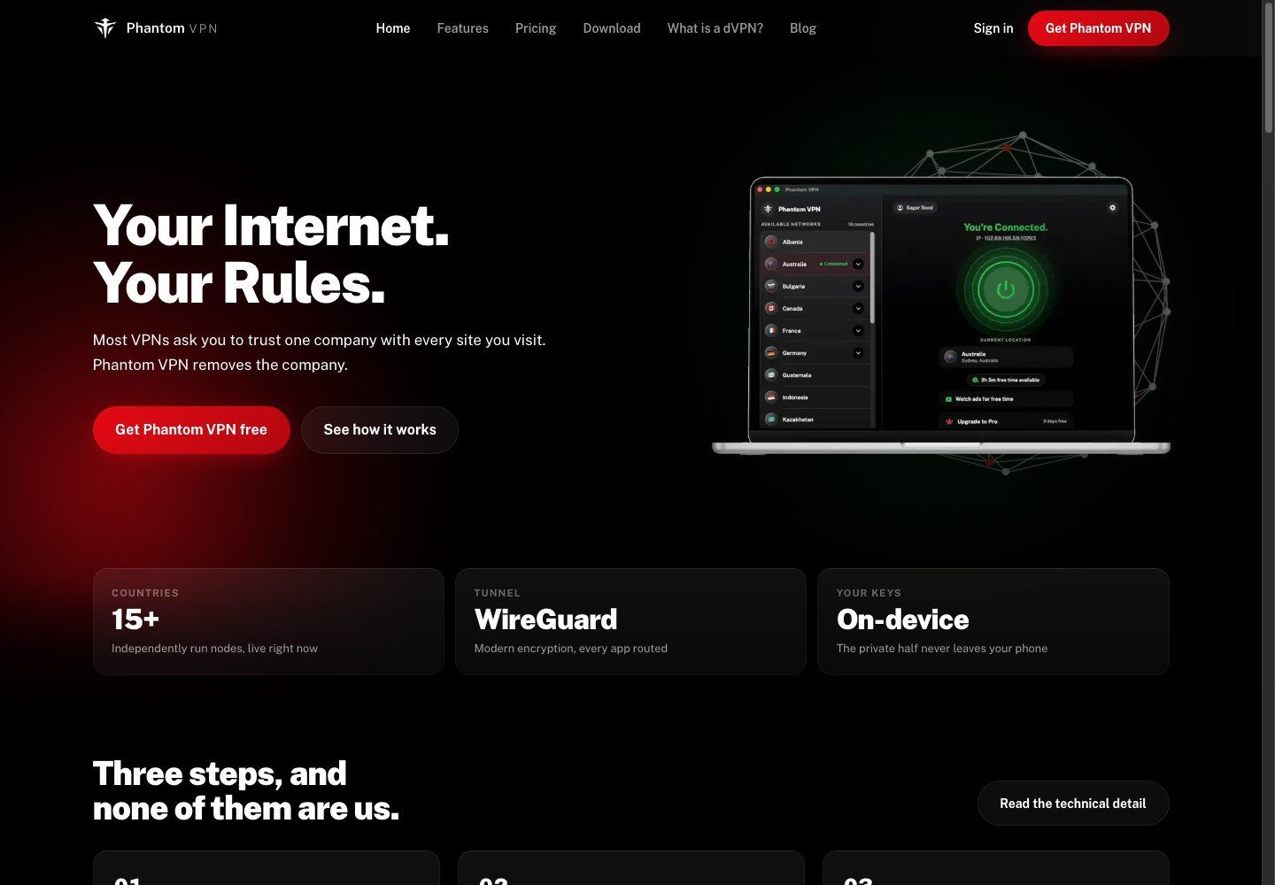 Phantom VPN homepage with its red and black design and desktop app preview