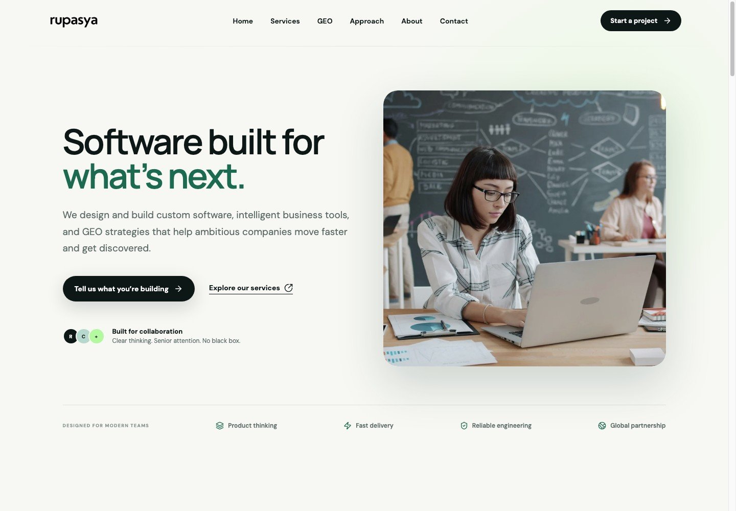 Rupasya Circle homepage presenting software development and GEO services