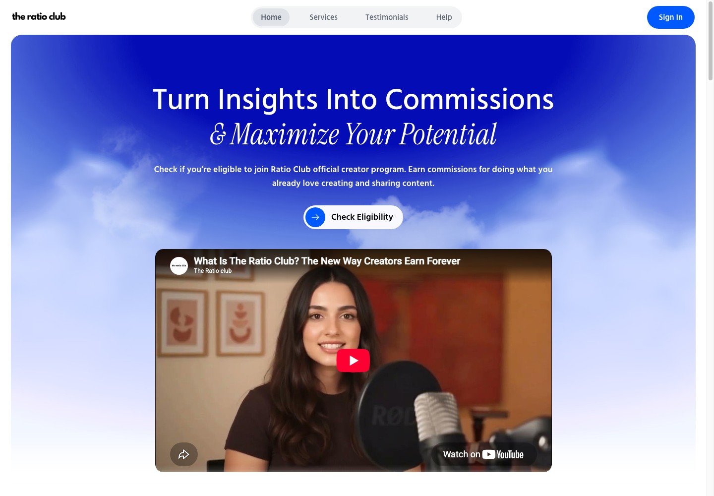 The Ratio Club homepage introducing its creator programme and eligibility check