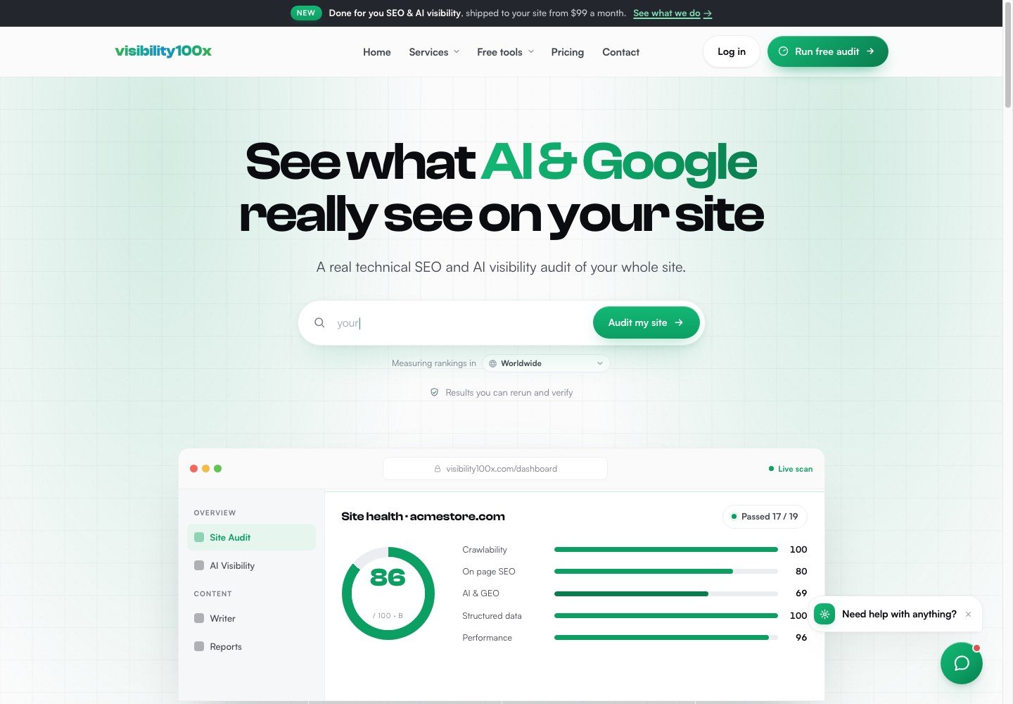 Visibility100x homepage with its SEO and AI visibility audit interface